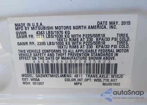 2015 Mitsubishi Outlander Sport Es из США, поврежденный, VIN 4A4AR3AU6FE035823